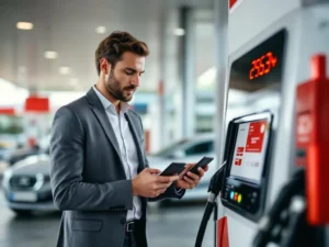 Professionele bij modern tankstation gebruikt bedrijfstankpas en smartphone-app voor gecombineerde betaling aan terminal