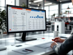 Professionele medewerker bekijkt brandstoftransactiegegevens op computer in modern tankstationkantoor met brandstofkaarten