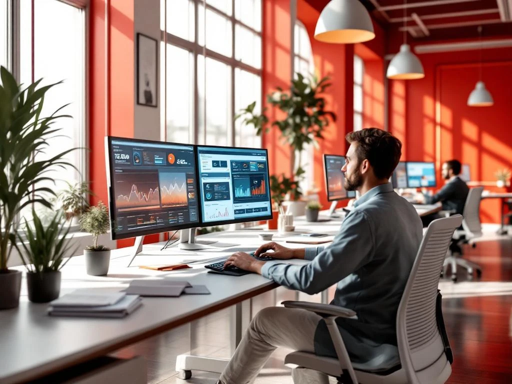 Moderne bedrijfskantoor met professionals die werken aan brandstofbeheer dashboards op meerdere monitoren, rood-wit interieur