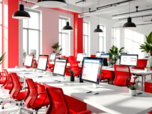 Modern kantoor met lege werkplekken, computers met brandstofbeheer dashboards, rode stoelen en wit-rode interieur