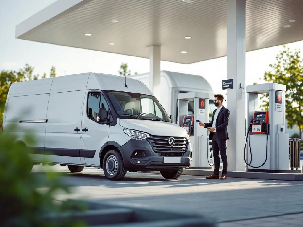 Professionele bedrijfsvoertuigen bij modern tankstation met medewerker die tankkaart gebruikt voor vlootbeheer