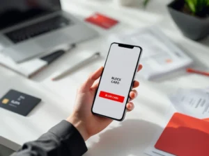 Hand met smartphone toont brandstofkaart-app met rode "BLOKKEER KAART" knop op modern kantoorbureau met laptop en documenten