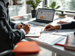 Professioneel persoon beheert brandstofkaart documentatie aan bureau met laptop dashboard en georganiseerde paperassen