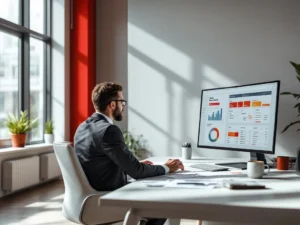 Zakelijke professional analyseert brandstofbeheer rapporten op monitor in modern wit-rood kantoor met natuurlijk licht