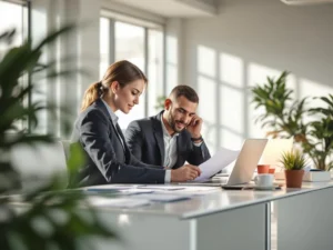 Zakelijke professional bekijkt brandstofkaart documenten op laptop in modern kantoor met wit bureau en rode accenten