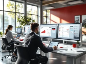 Zakelijke professionals werken aan fuel card management dashboards op laptops in modern kantoor met rode accenten