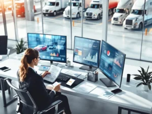 Zakelijke professional beheert brandstofkaarten aan bureau met vlootbeheerdashboards op computerschermen in modern kantoor