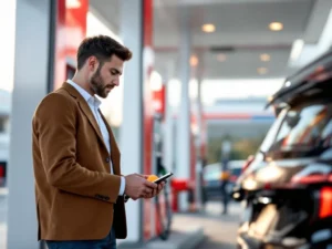 Professioneel gebruikt tankkaart bij moderne brandstofpomp om bedrijfsvoertuig te tanken bij eigentijds tankstation