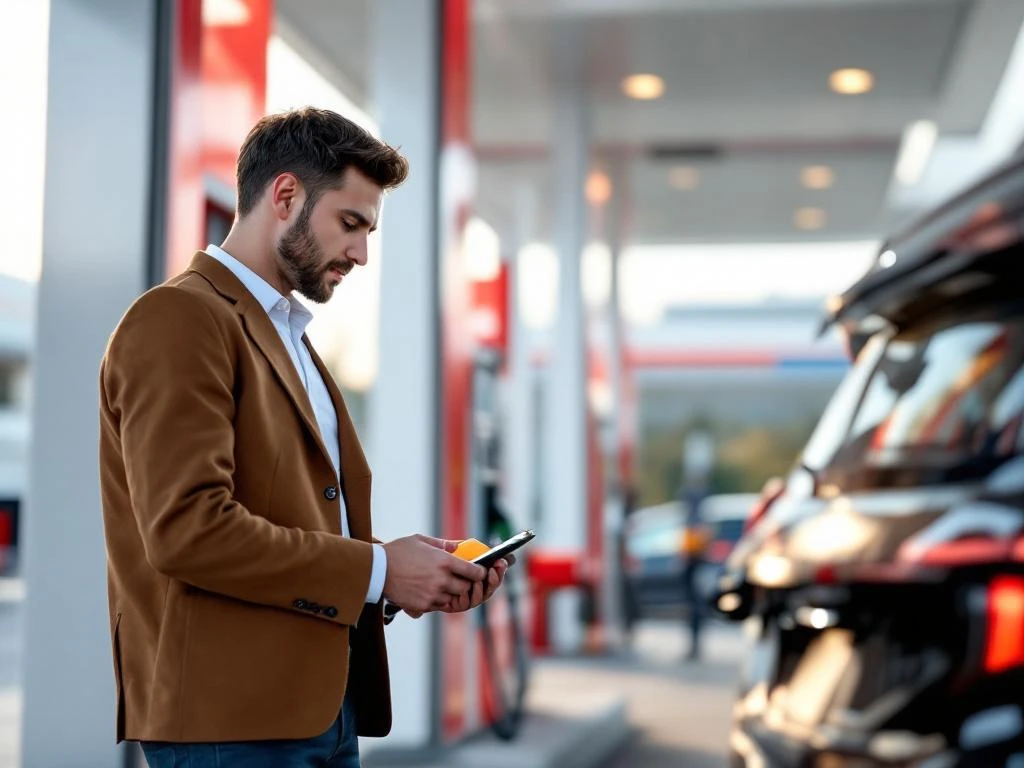 Professioneel gebruikt tankkaart bij moderne brandstofpomp om bedrijfsvoertuig te tanken bij eigentijds tankstation