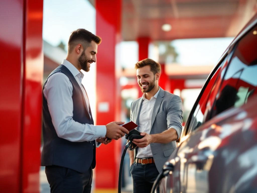 Professioneel gebruikt tankkaart bij modern betaalterminal tijdens tanken van bedrijfsvoertuig op tankstation