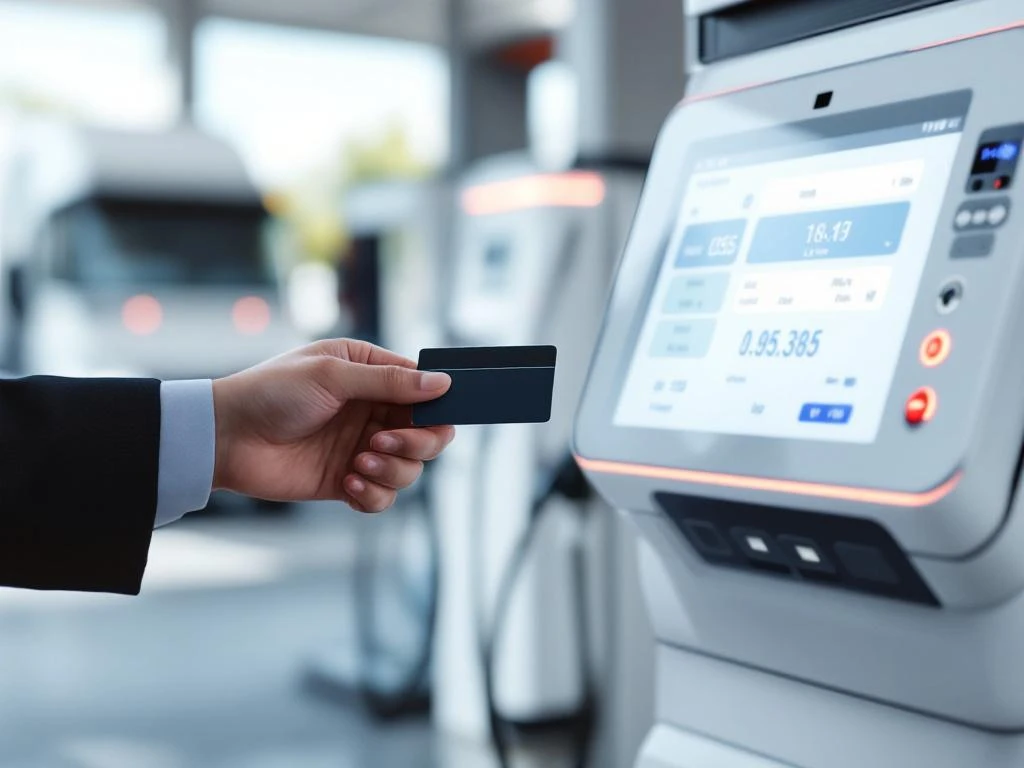 Professionele hand houdt brandstofkaart bij moderne digitale betaalterminal op tankstation met displayscherm