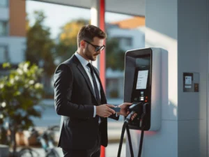 Zakelijke professional gebruikt brandstofkaart bij modern tankstation met wit-rode architectuur en digitale betaalterminal