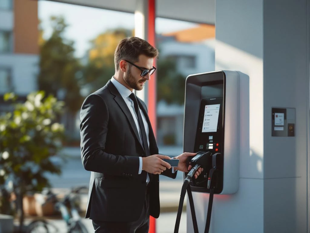 Zakelijke professional gebruikt brandstofkaart bij modern tankstation met wit-rode architectuur en digitale betaalterminal