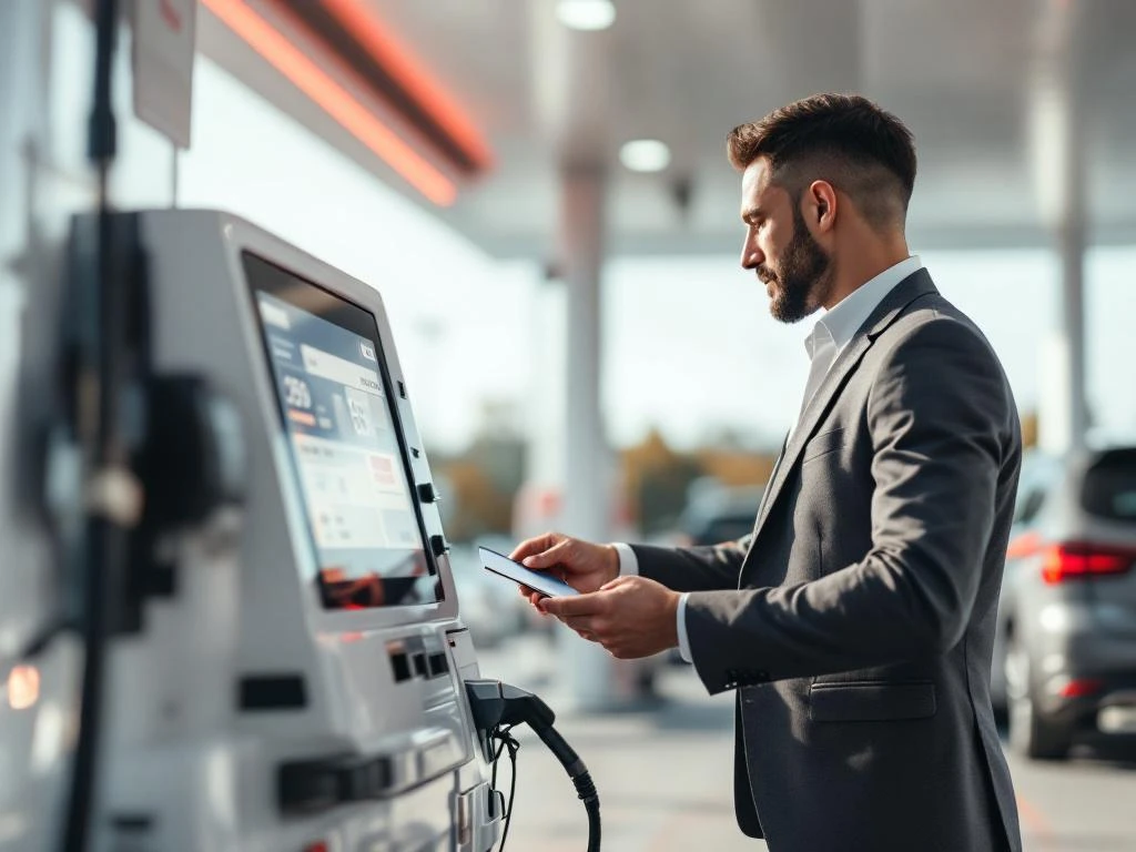 Professionele medewerker gebruikt digitale tankkaart bij modern tankstation met wit-rode architectuur