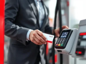 Professioneel gebruikt brandstofkaart bij moderne tankstation terminal tijdens het tanken van bedrijfsvoertuig