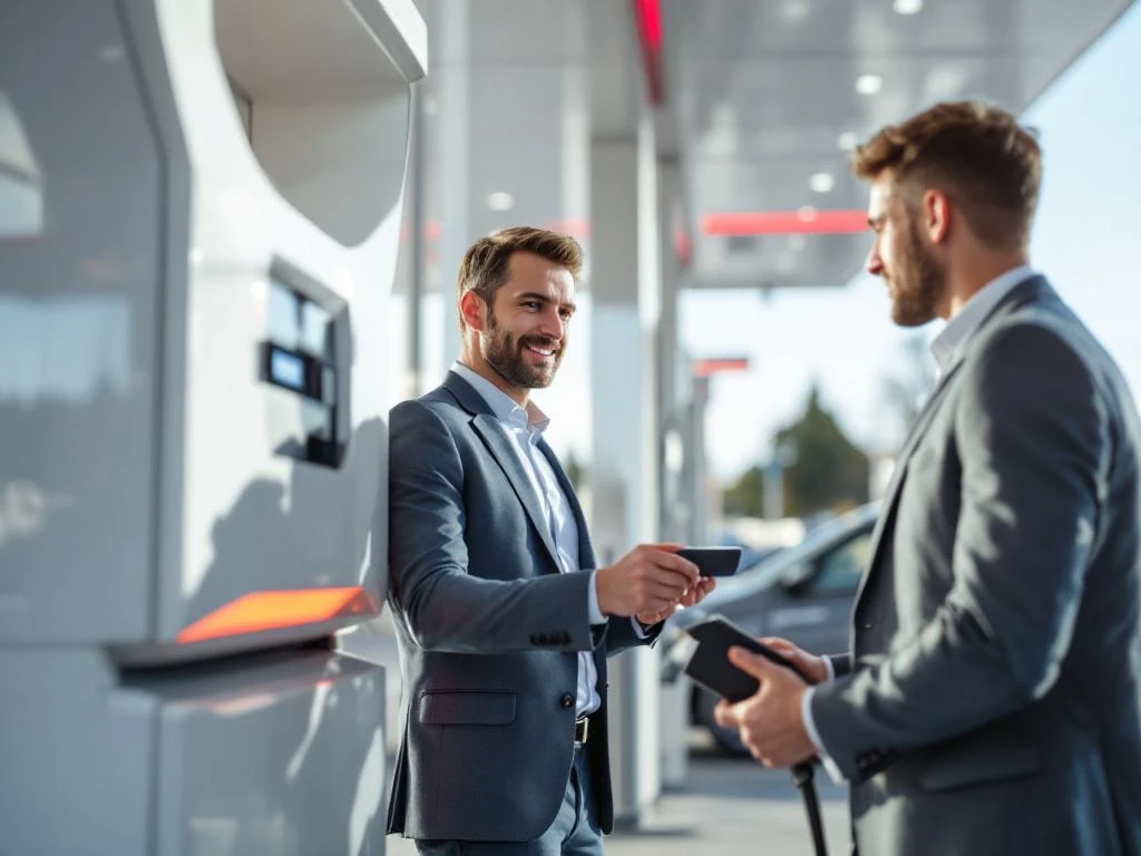 Zakelijke professional gebruikt brandstofkaart bij modern tankstation met digitale betaalterminal en bedrijfsvoertuig