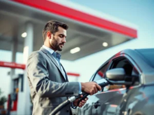 Professionele man gebruikt brandstofkaart bij moderne tankstation met wit-rode architectuur en digitale betaalterminal