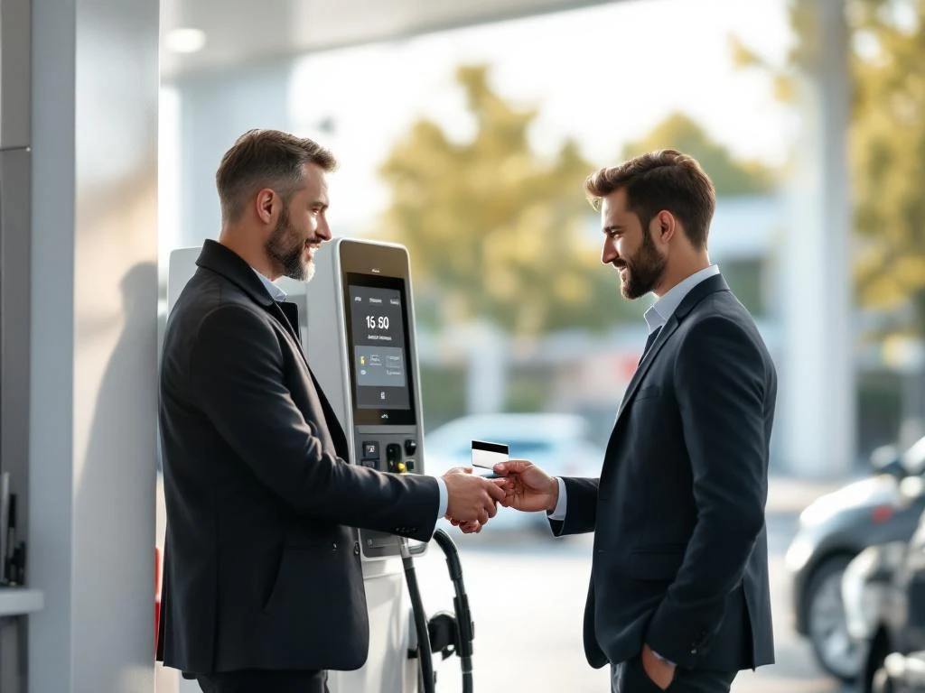 Professionele werknemer gebruikt brandstofkaart bij digitale terminal om bedrijfsvoertuig te tanken bij modern tankstation