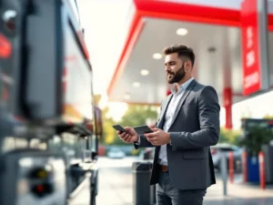 Professionele man gebruikt brandstofkaart bij digitale betaalterminal van modern tankstation met rood-wit design