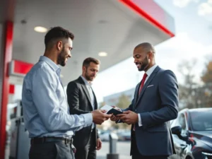 Zakenpersoon gebruikt brandstofkaart bij moderne tankstation terminal om bedrijfswagen te tanken op lichte dag