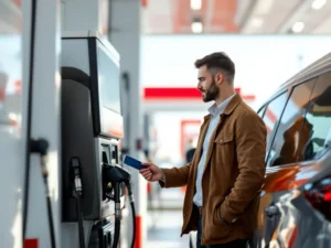 Professionele werknemer gebruikt brandstofkaart bij moderne tankstation met wit-rode architectuur tijdens zakelijk tanken