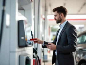 Professionele werknemer gebruikt brandstofkaart bij moderne tankstation terminal voor bedrijfsvoertuig betaling