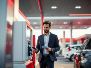 Professionele medewerker gebruikt tankkaart bij moderne brandstofpomp met rood-wit design voor zakelijk tanken