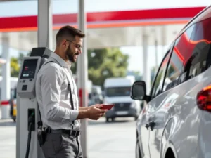Professioneel gebruikt tankkaart bij moderne brandstofpomp voor bedrijfswagen met rode en witte branding