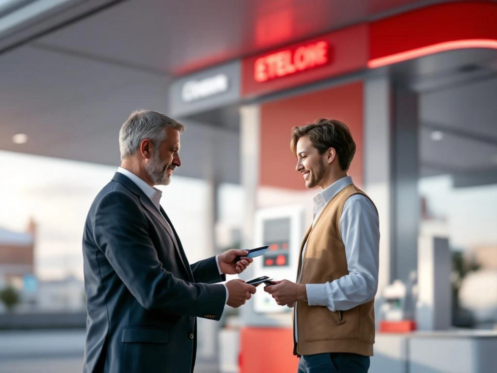 Professioneel gebruikt brandstofkaart bij moderne Europese tankstation met wit-rode architectuur en bedrijfswagen