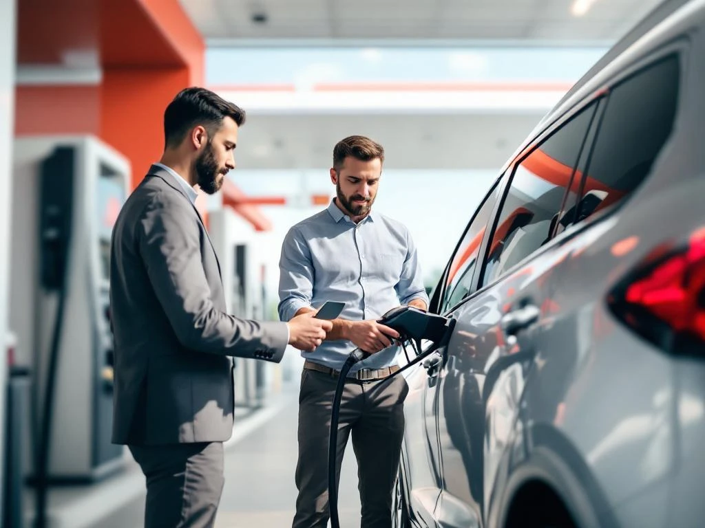 Professionele persoon gebruikt tankkaart bij moderne betaalterminal tijdens tanken van zilverkleurige leasewagen