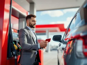 Zakelijke professional gebruikt tankkaart bij digitale betaalterminal om bedrijfsvoertuig te tanken bij modern tankstation