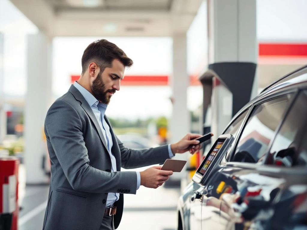 Professionele gebruiker betaalt met tankkaart bij moderne brandstofpomp met digitale beveiliging en chip-lezer