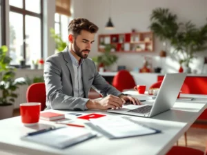 Zakelijke professional integreert brandstofkaartgegevens in boekhoudsoftware op laptop met financiële documenten op bureau