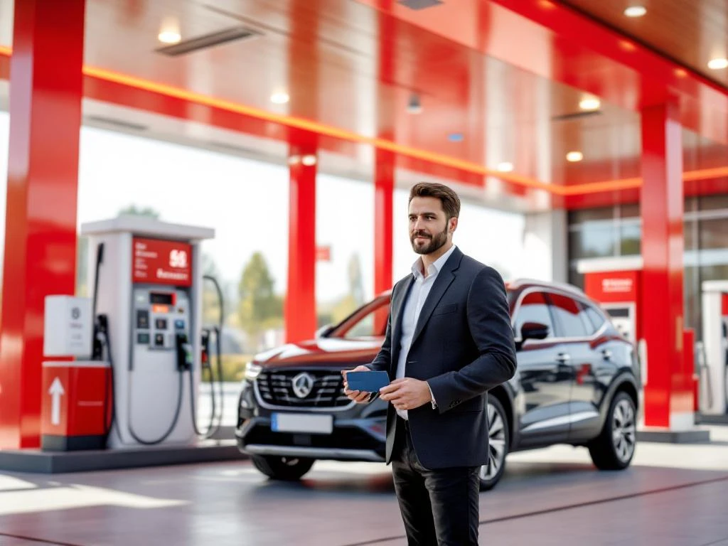 Professionele zakenman met tankkaart bij modern Europees tankstation met bedrijfsvoertuig en meertalige borden