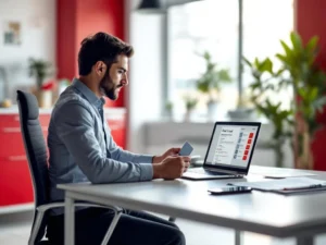 Zakelijke professional houdt brandstofkaart vast terwijl hij werkt aan laptop met aanvraagformulieren in modern kantoor