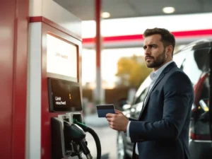 Zakelijke professional met brandstofkaart bij tankstation kijkt bezorgd naar betalingsterminal met foutmelding