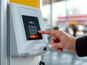 Professionele hand voert pincode in op moderne brandstofkaartterminal bij tankstation met bedrijfsvoertuig op achtergrond