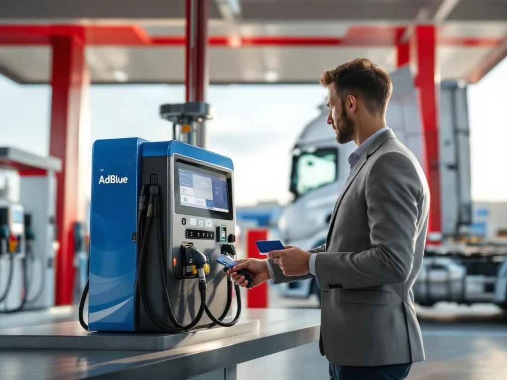 Professionele chauffeur gebruikt tankkaart bij moderne tankstation met AdBlue-dispenser en commercieel voertuig