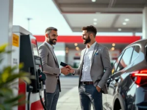 Professionele werknemer gebruikt brandstofkaart bij moderne tankstation met autowasservice op de achtergrond