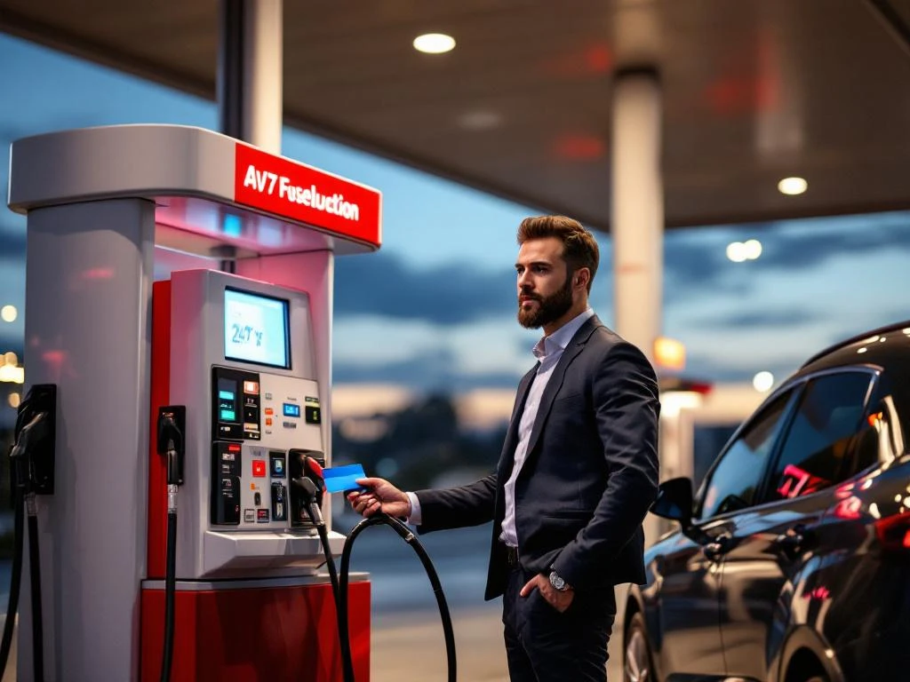 Professionele bij moderne tankstation bij schemering met brandstofkaart, toont 24/7 toegankelijkheid en efficiëntie