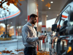 Professioneel gebruikt tankkaart bij moderne tankstation met herfstbladeren, bedrijfsvoertuig en rood-wit overkapping