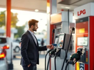 Professioneel gebruikt brandstofkaart bij moderne tankpomp met diesel, benzine en LPG opties aan bedrijfsvoertuig