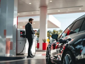 Professionele medewerker gebruikt zakelijke brandstofkaart bij moderne tankstation met rood-witte branding