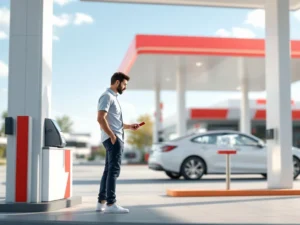 Professioneel gebruikt tankkaart bij modern tankstation met rood-wit design voor zakelijke brandstofbeheer