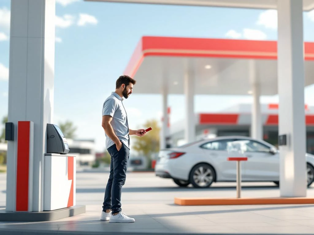 Professioneel gebruikt tankkaart bij modern tankstation met rood-wit design voor zakelijke brandstofbeheer
