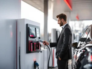 Zakenprofessional gebruikt bedrijfstankkaart bij moderne tankstation met digitale terminal en rood accent verlichting