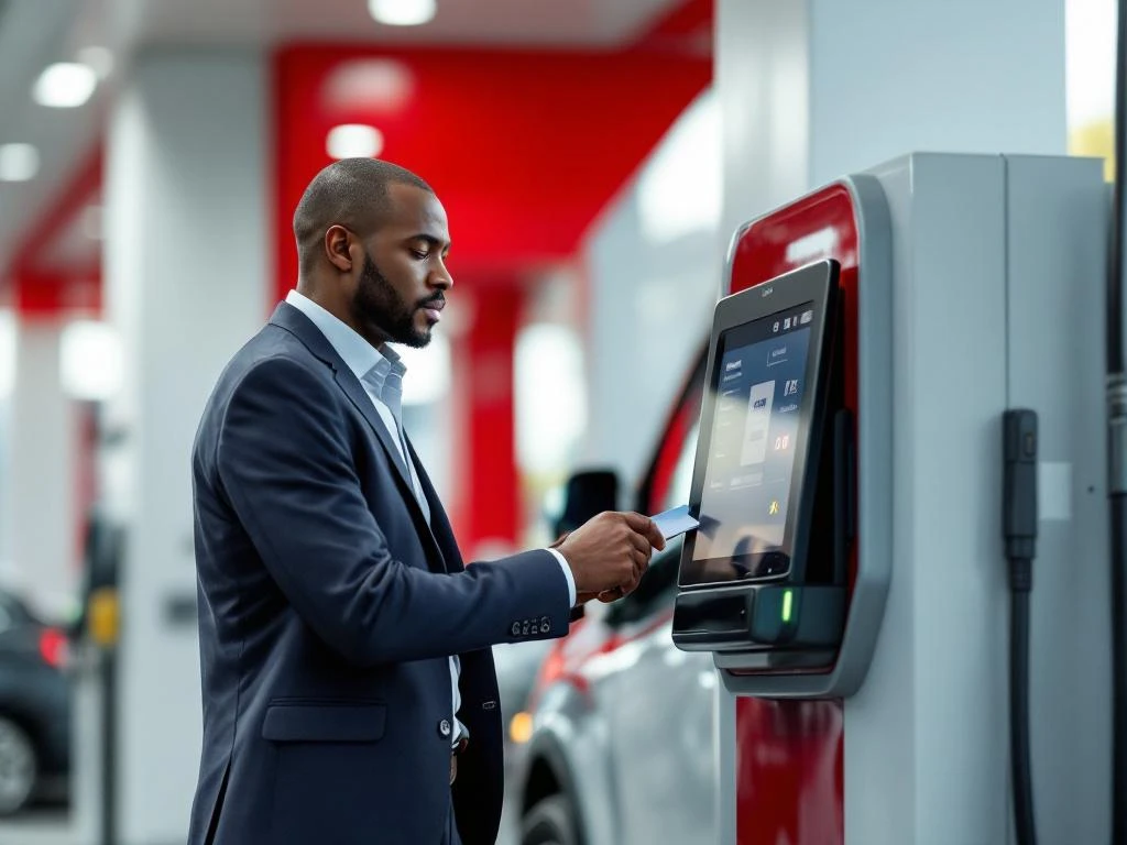 Professionele werknemer gebruikt brandstofkaart bij moderne tankstation met wit-rode architectuur en digitale interface