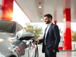 Zakelijke professional gebruikt moderne brandstofkaart bij tankstation met rood-wit design en bedrijfsvoertuig