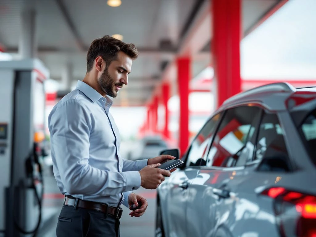 Zakelijke professional gebruikt brandstofpas bij modern tankstation met rood-wit design tijdens het tanken van bedrijfsauto