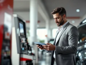Zakelijke professional gebruikt brandstofkaart bij moderne tankstation terminal naast bedrijfsvoertuig